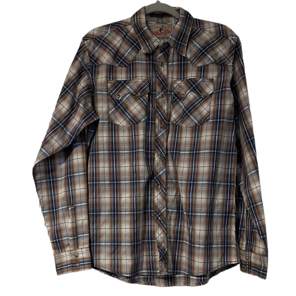 Wrangler Shirt Tan Blue Pearl Snap Rodeo Western Sawtooth Pockets Cowboy Sz XXL